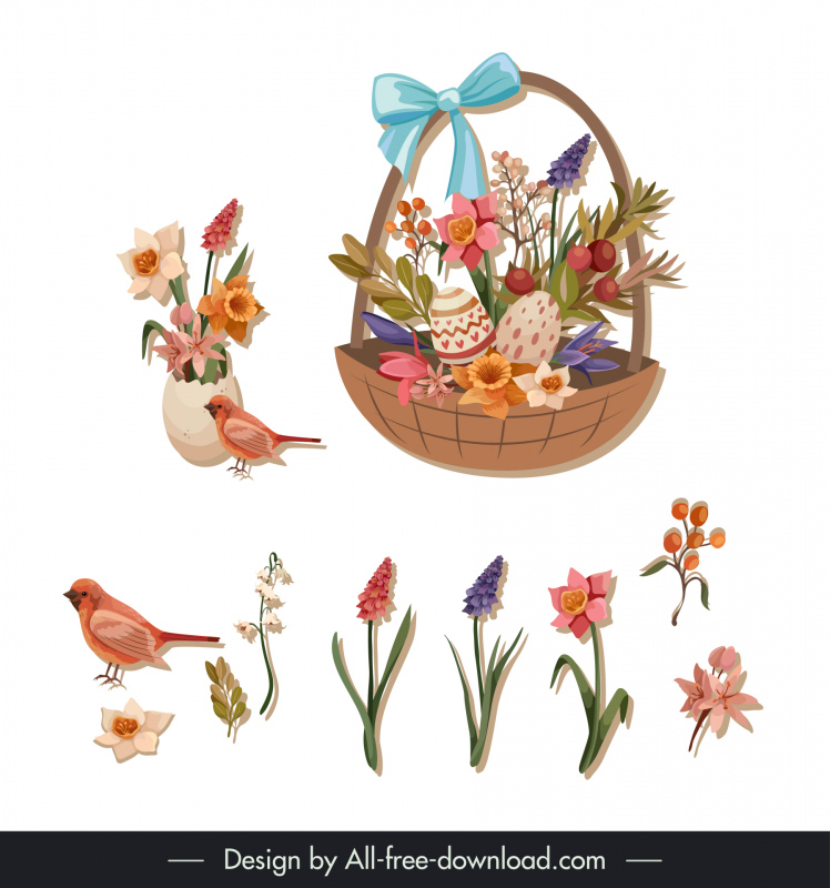 card design elements elegant flowers birds eggs sketch