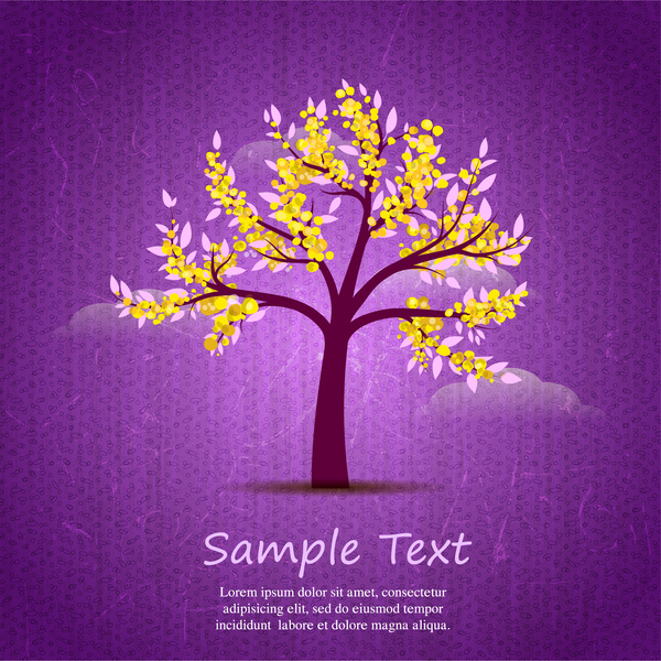card design with blossom tree on violet background