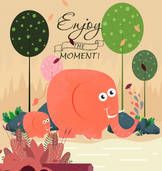 card template elephant trees decor cute cartoon design