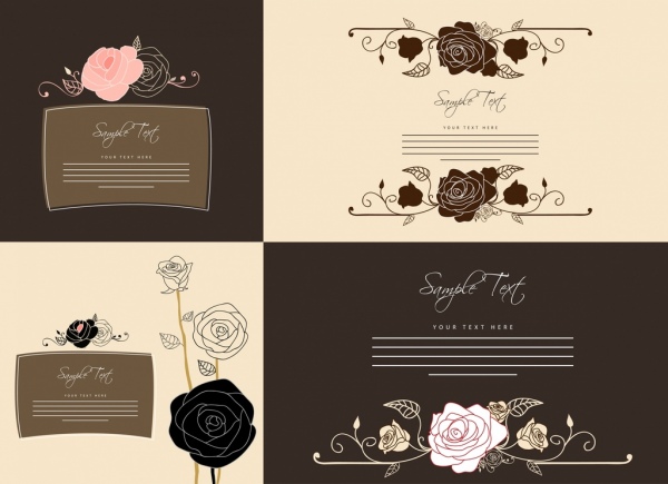 card templates collection rose icon dark design