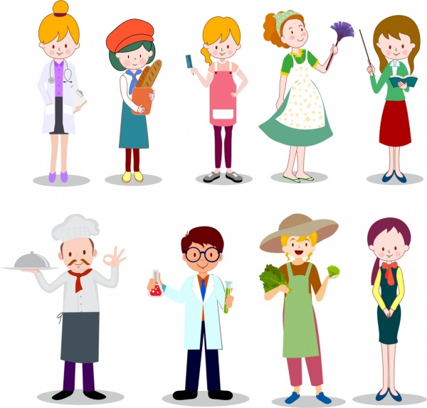 career icons collection colored cartoon characters