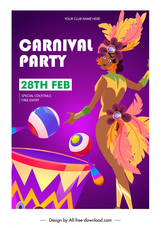  carnival poster party template lady dancer in traditional costume drum sketch cartoon design 