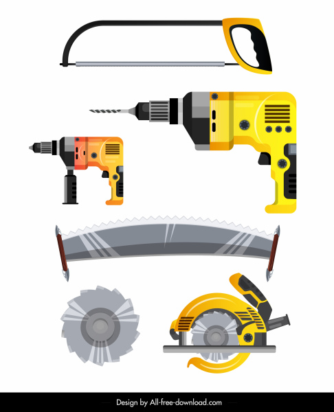carpentry equipment icons colored modern design