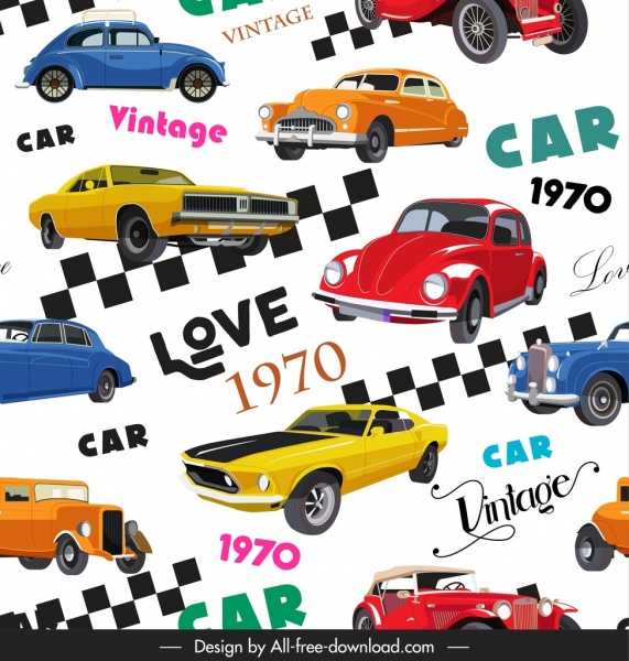cars collection pattern 1970 decade vintage models decor