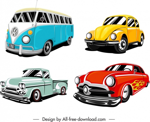 cars icons templates colored 3d sketch