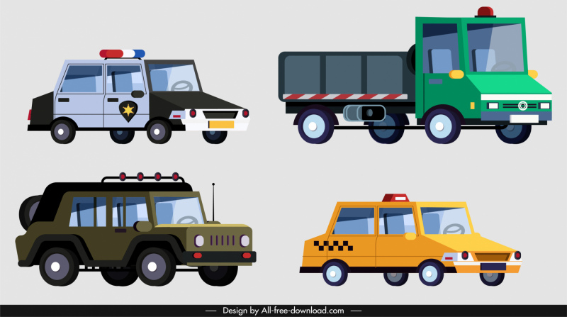 cars vehicles icons police truck taxi sketch