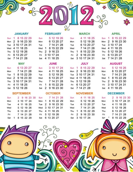 cartoon calendar 2012 01 vector 