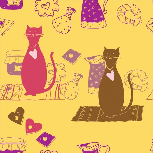 decorative background cats objects sketch retro flat handdrawn