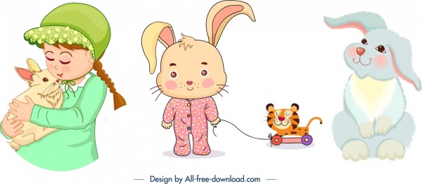 cartoon characters icons girl bunny kid symbols decor