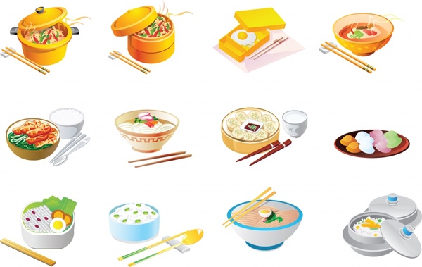 oriental cuisines icons modern colorful sketch