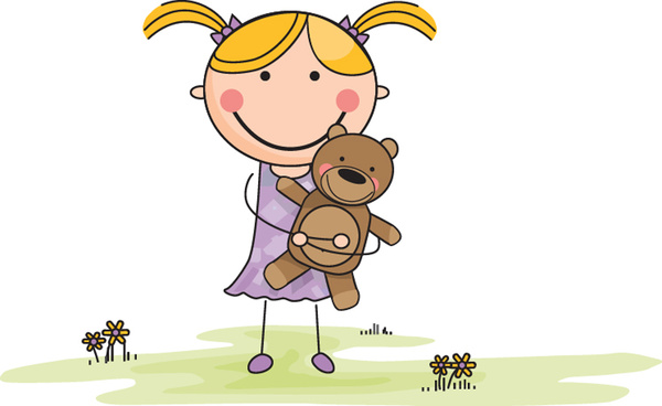 cartoon girl with stuffed animal in field