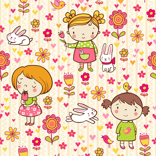 cartoon kids with floral seamless pattern vector