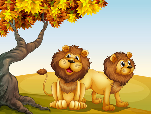 Cartoon lion with beautiful nature vector Vectors graphic art designs