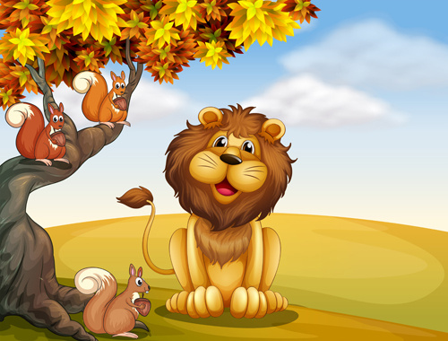 Cartoon lion with beautiful nature vector Vectors graphic art designs
