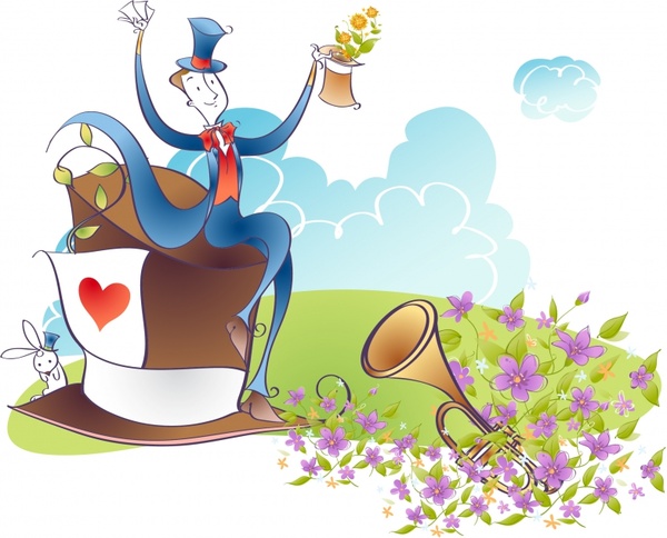 magic background performing man flowers icons cartoon design