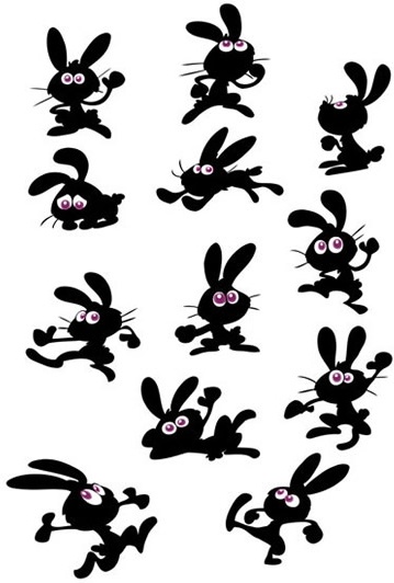 rabbit icons collection funny gestures black cartoon silhouettes