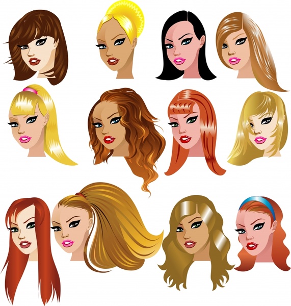 female hairstyles icons colorful modern sketch