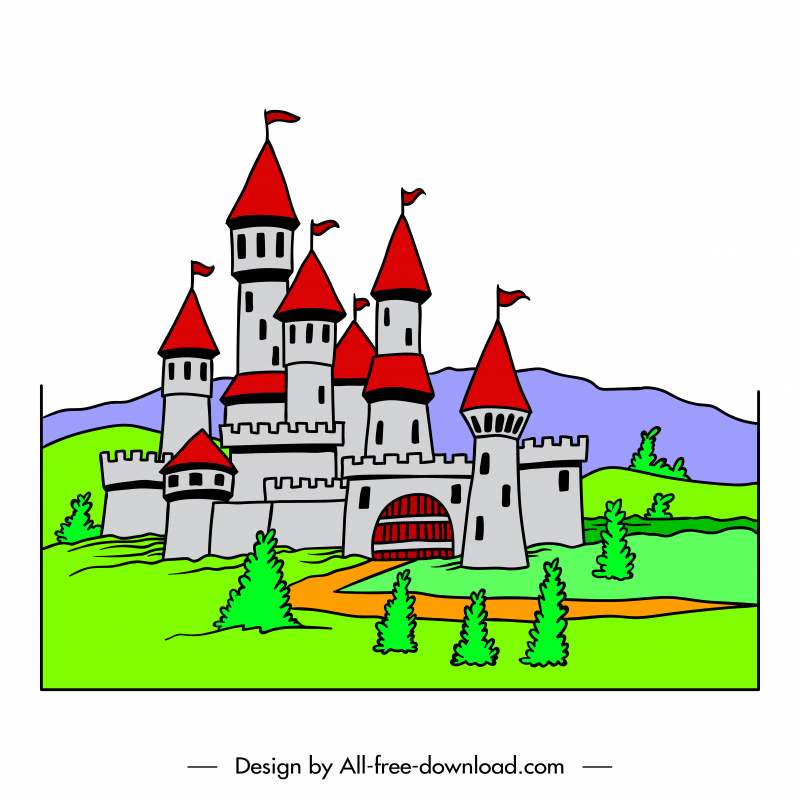 castle scene painting retro handdrawn sketch