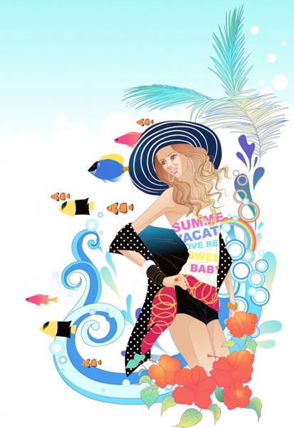 beach fashion background attractive lady marine elements decor