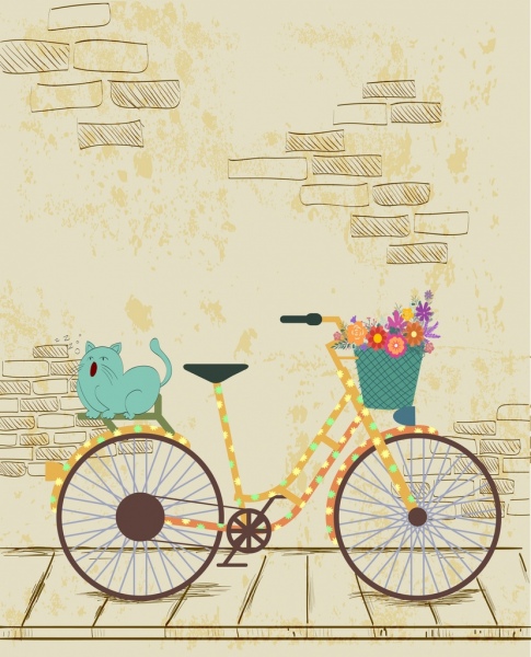 cat drawing colorful bicycle icon handdrawn sketch