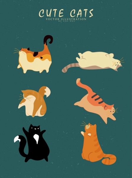 cat icons collection various gestures retro colored