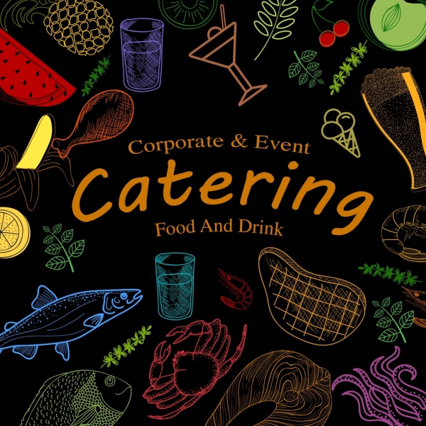 catering event banner food icons dark colorful design