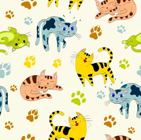 cats background footprints icons colorful repeating design