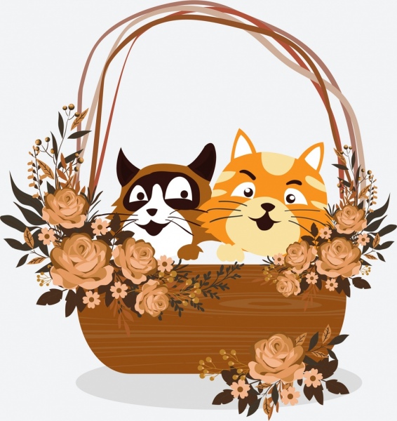 cats basket painting cute icons colored classical design