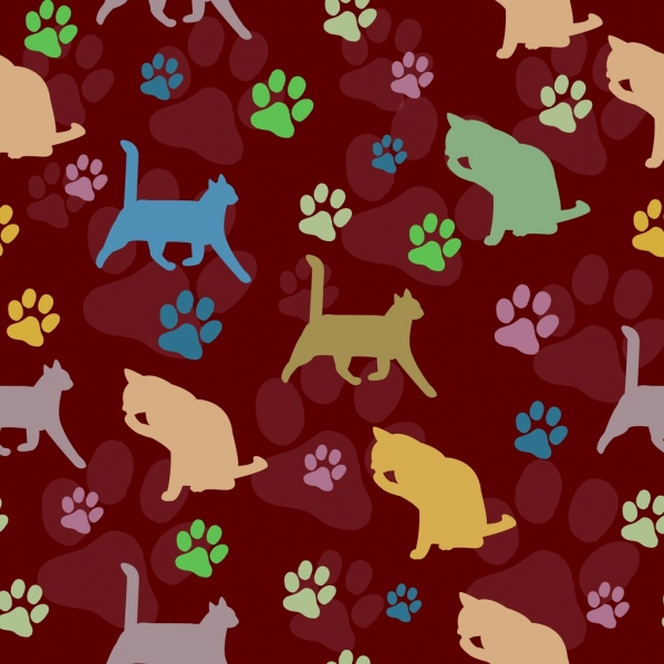 cats pattern background colorful repeating footprints silhouettes decoration