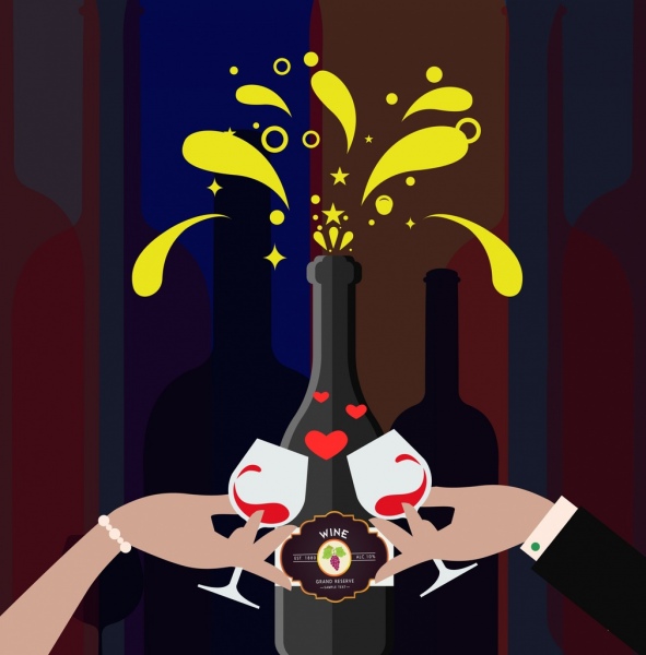 celebration background wine bottle glass clinking icons design