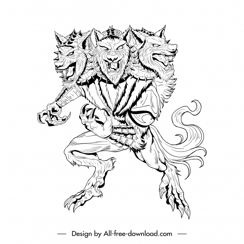 cerberus character icon stylized wolf handdrawn cartoon sketch