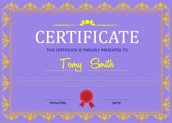 certificate design with classical border in violet background