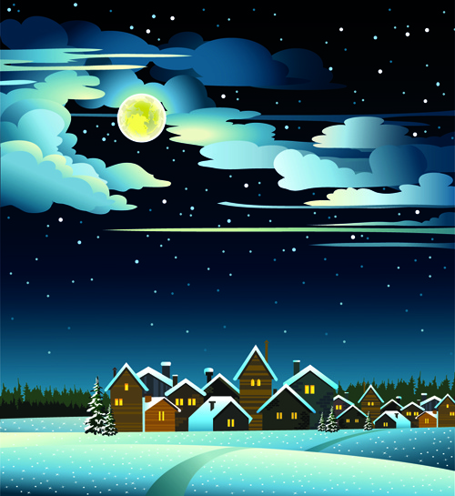 charming winter night landscapes design vector