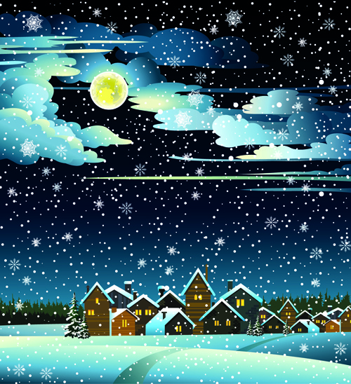 charming winter night landscapes design vector