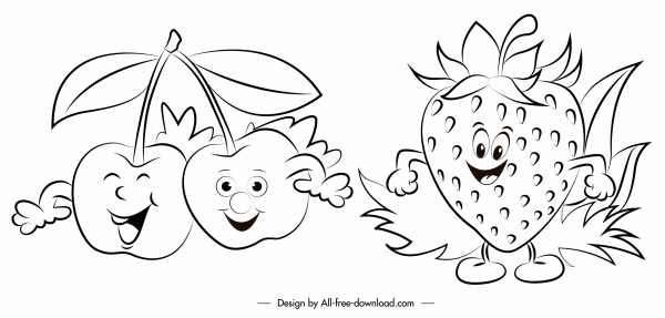 cherry strawberry icons stylized sketch handdrawn design