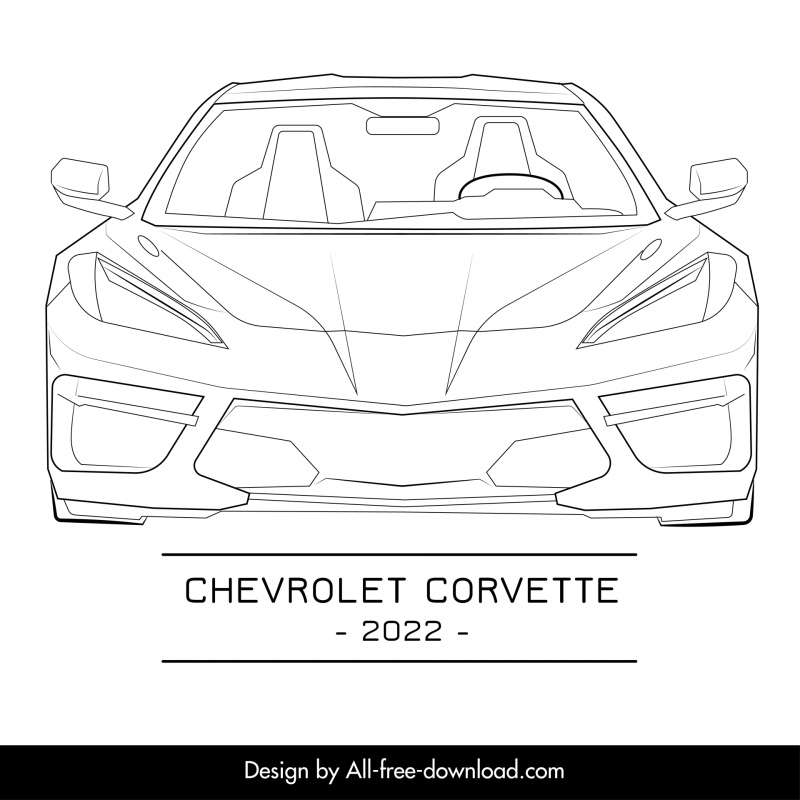 chevrolet corvette 2022 car model icon flat black white handdrawn front view sketch