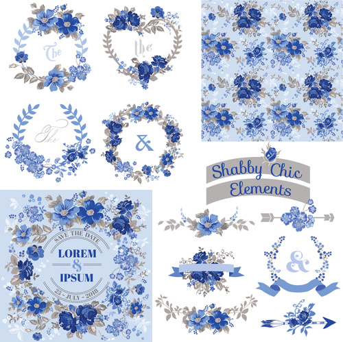 chic floral ornaments blue styles vector