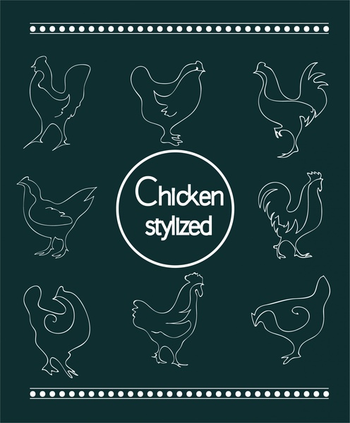 chicken stylized collection in sketch style