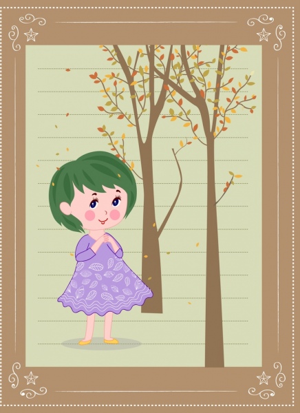 childhood background cute girl trees icons cartoon design