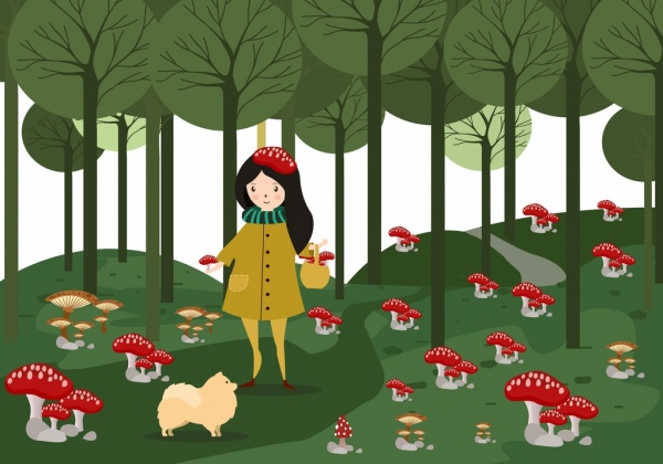 childhood background girl red wild mushrooms icons