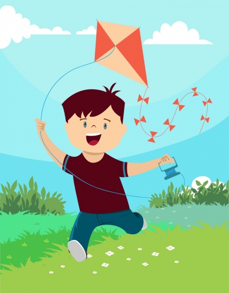 childhood background joyful boy kite icons colored cartoon