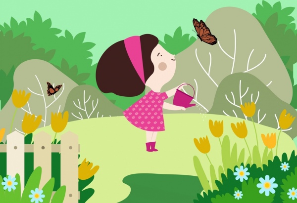 childhood background joyful girl garden icons cartoon design
