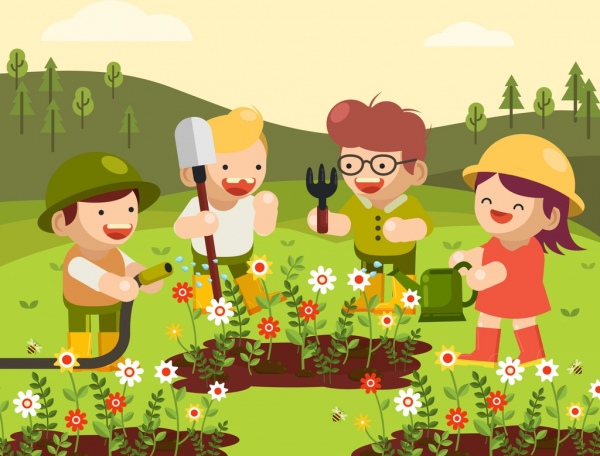 childhood background joyful kids gardening theme cartoon design