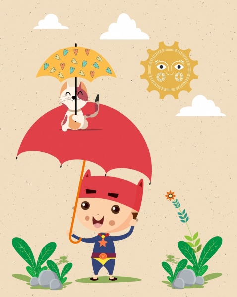 childhood background kid umbrella kitty icons stylized sun