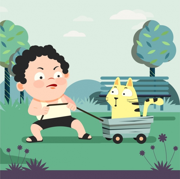 childhood background playful boy pet icons cartoon characters