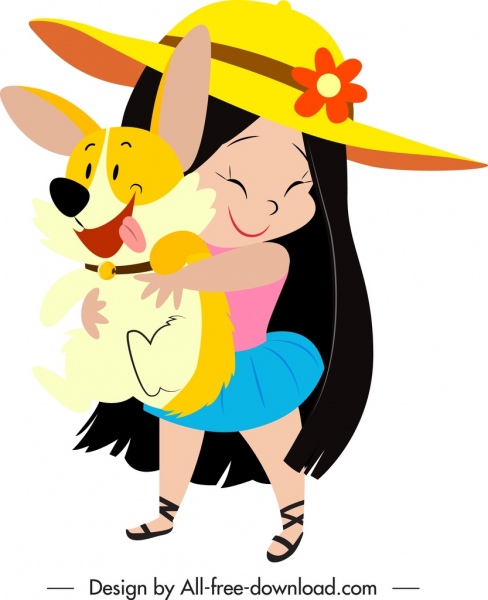 childhood background playful girl puppy icons cartoon sketch