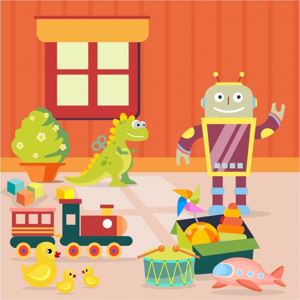 childhood background toys icons colored cartoon design