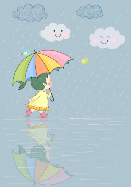 childhood drawing cute girl rainy day stylized design