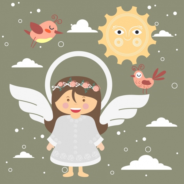 childhood dream background girl angle wings birds icons
