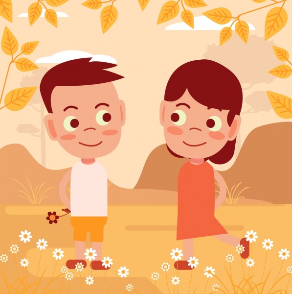 Childhood Friendship Drawing Cute Kids Icons Cartoon Design